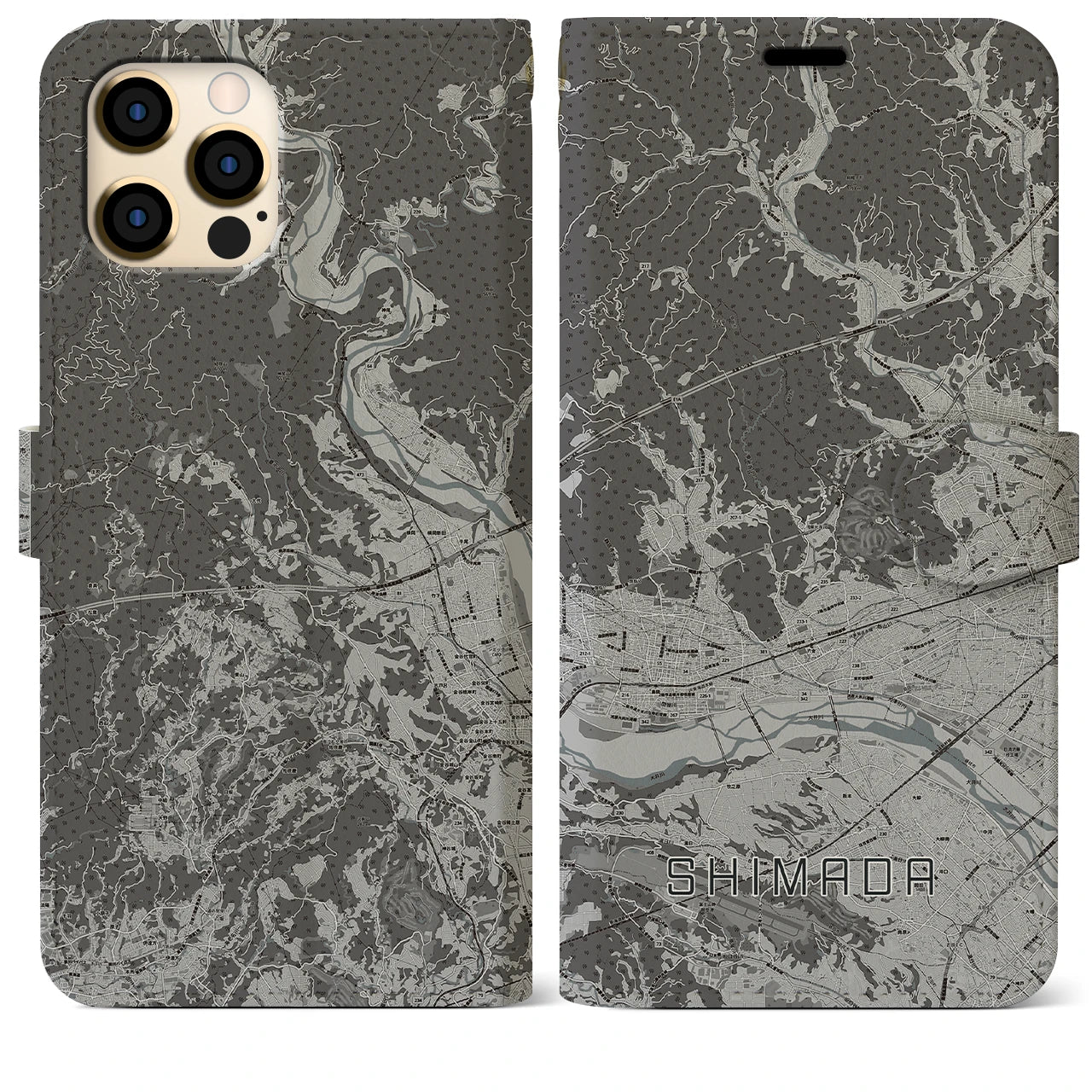 【島田(静岡県)】地図柄iPhoneケース(手帳タイプ)モノトーン・iPhone 12 Pro Max 用