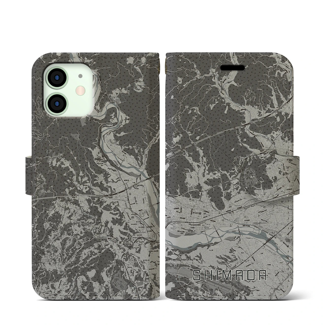 【島田(静岡県)】地図柄iPhoneケース(手帳タイプ)モノトーン・iPhone 12 mini 用