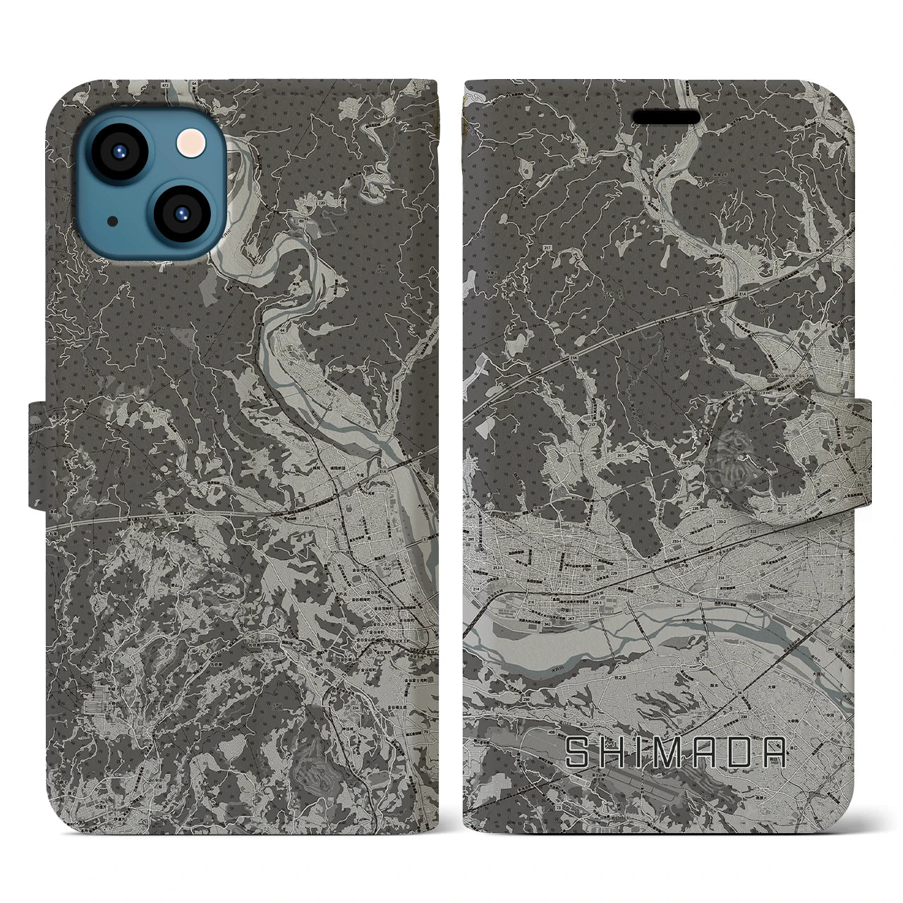 【島田(静岡県)】地図柄iPhoneケース(手帳タイプ)モノトーン・iPhone 13 用