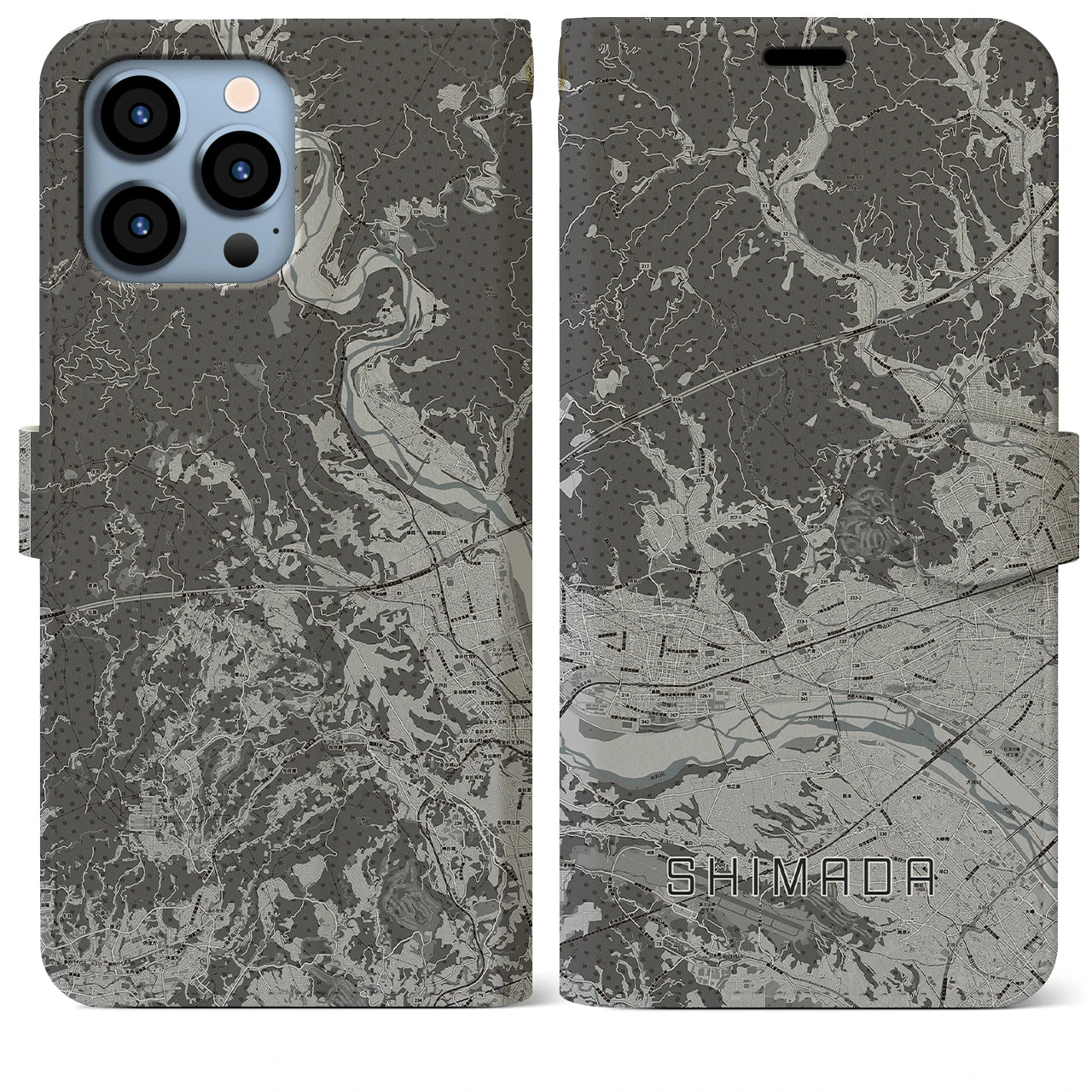 【島田(静岡県)】地図柄iPhoneケース(手帳タイプ)モノトーン・iPhone 13 Pro Max 用