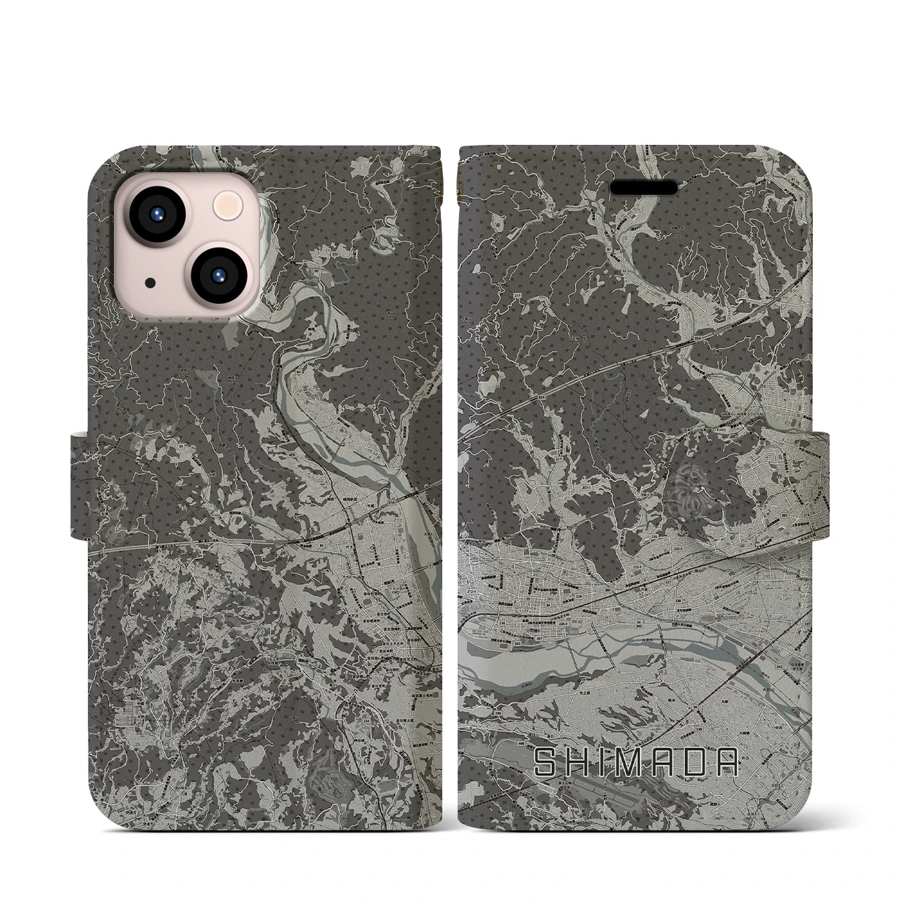 【島田(静岡県)】地図柄iPhoneケース(手帳タイプ)モノトーン・iPhone 13 mini 用