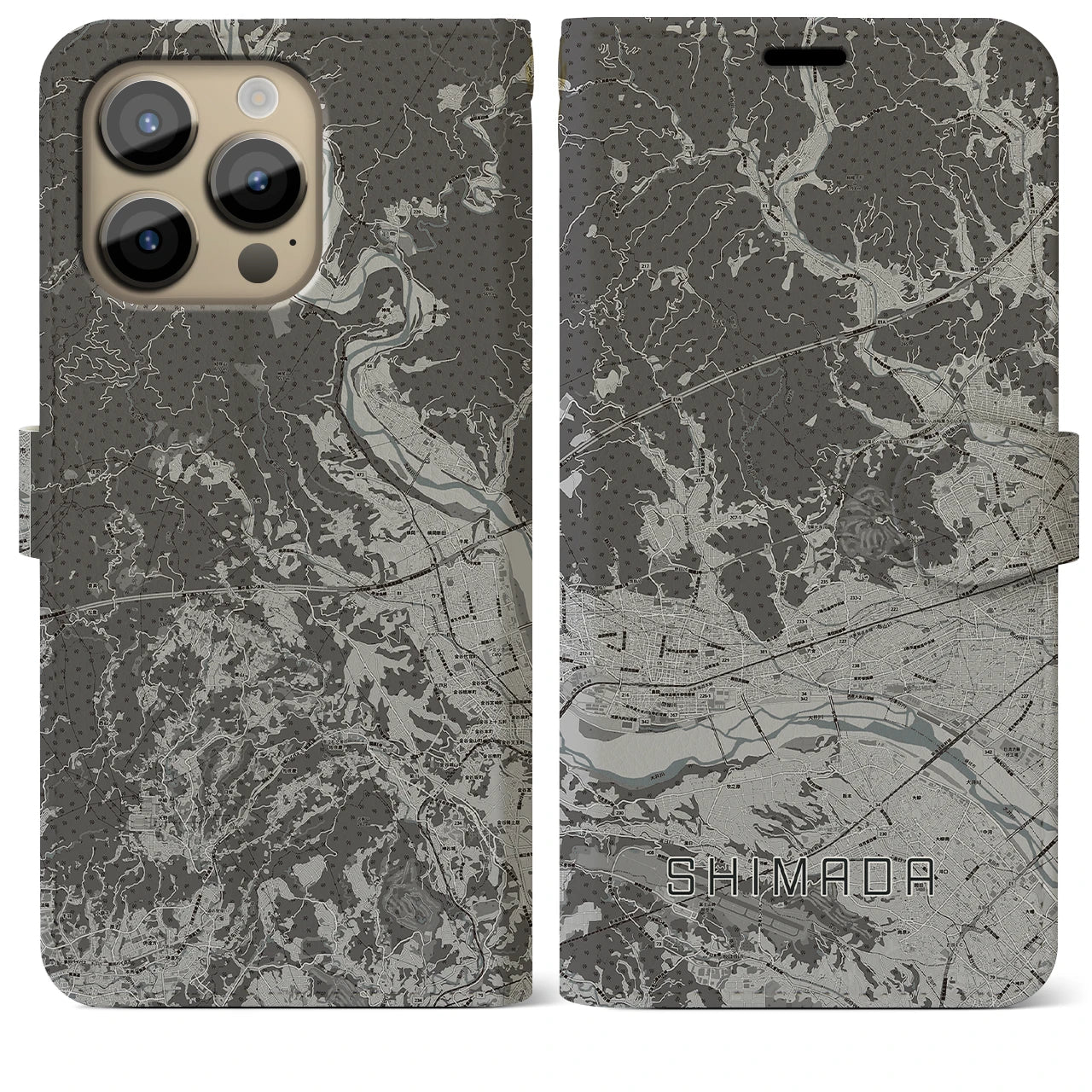 【島田(静岡県)】地図柄iPhoneケース(手帳タイプ)モノトーン・iPhone 14 Pro Max 用