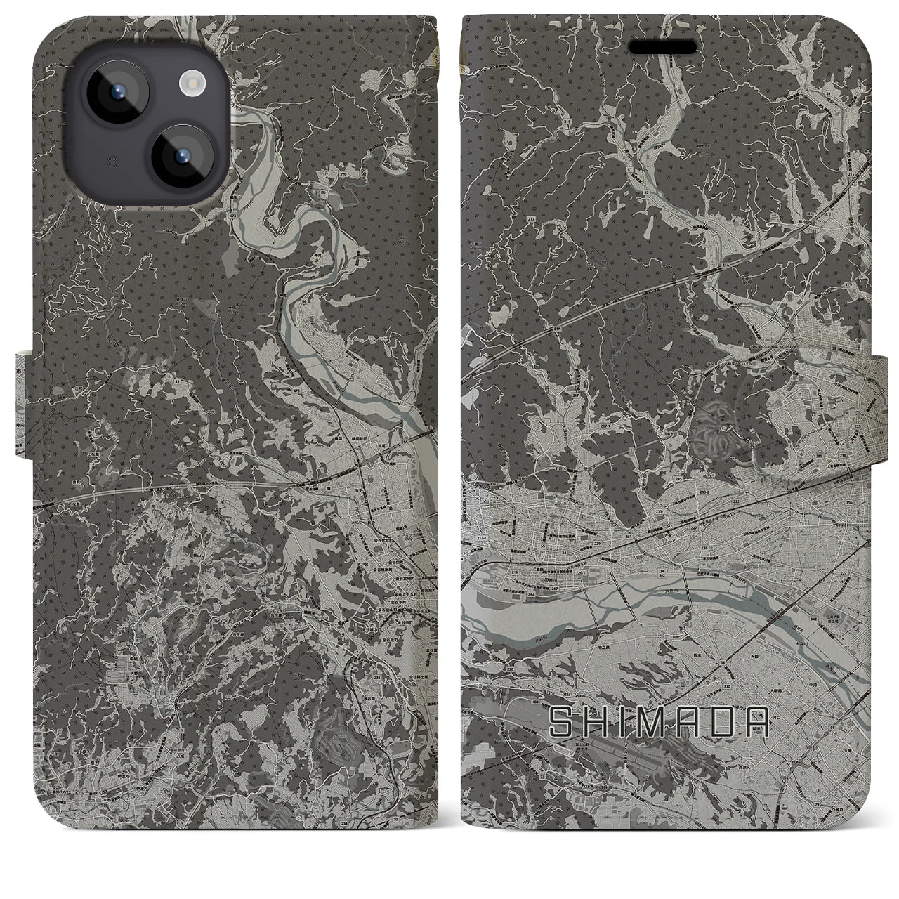 【島田(静岡県)】地図柄iPhoneケース(手帳タイプ)モノトーン・iPhone 14 Plus 用