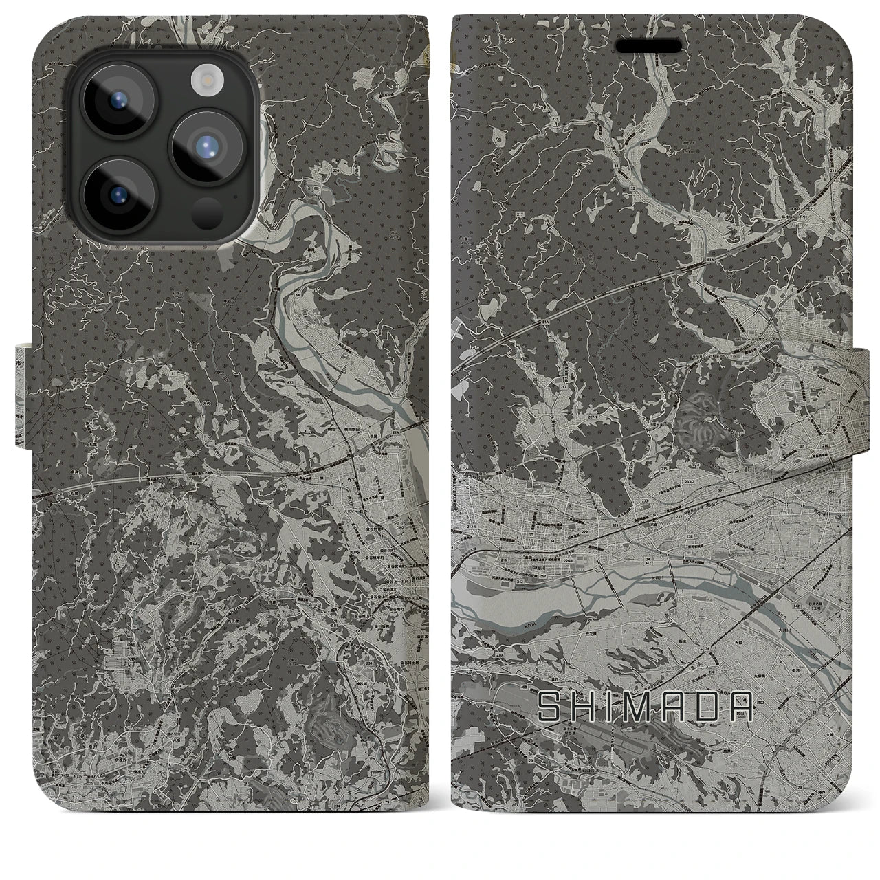【島田(静岡県)】地図柄iPhoneケース(手帳タイプ)モノトーン・iPhone 15 Pro Max 用