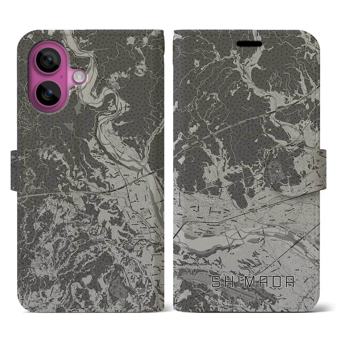 【島田(静岡県)】地図柄iPhoneケース(手帳タイプ)モノトーン・iPhone 16 Pro 用
