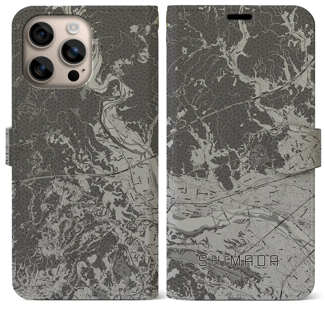 【島田(静岡県)】地図柄iPhoneケース(手帳タイプ)モノトーン・iPhone 16 Plus 用