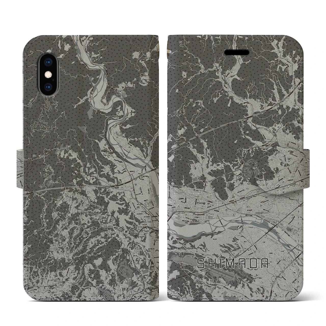 【島田(静岡県)】地図柄iPhoneケース(手帳タイプ)モノトーン・iPhone XS / X 用