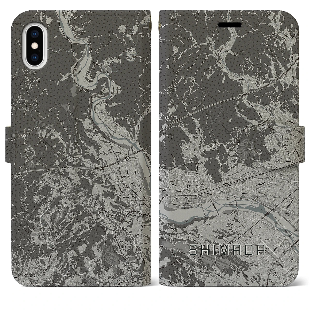 【島田(静岡県)】地図柄iPhoneケース(手帳タイプ)モノトーン・iPhone XS Max 用