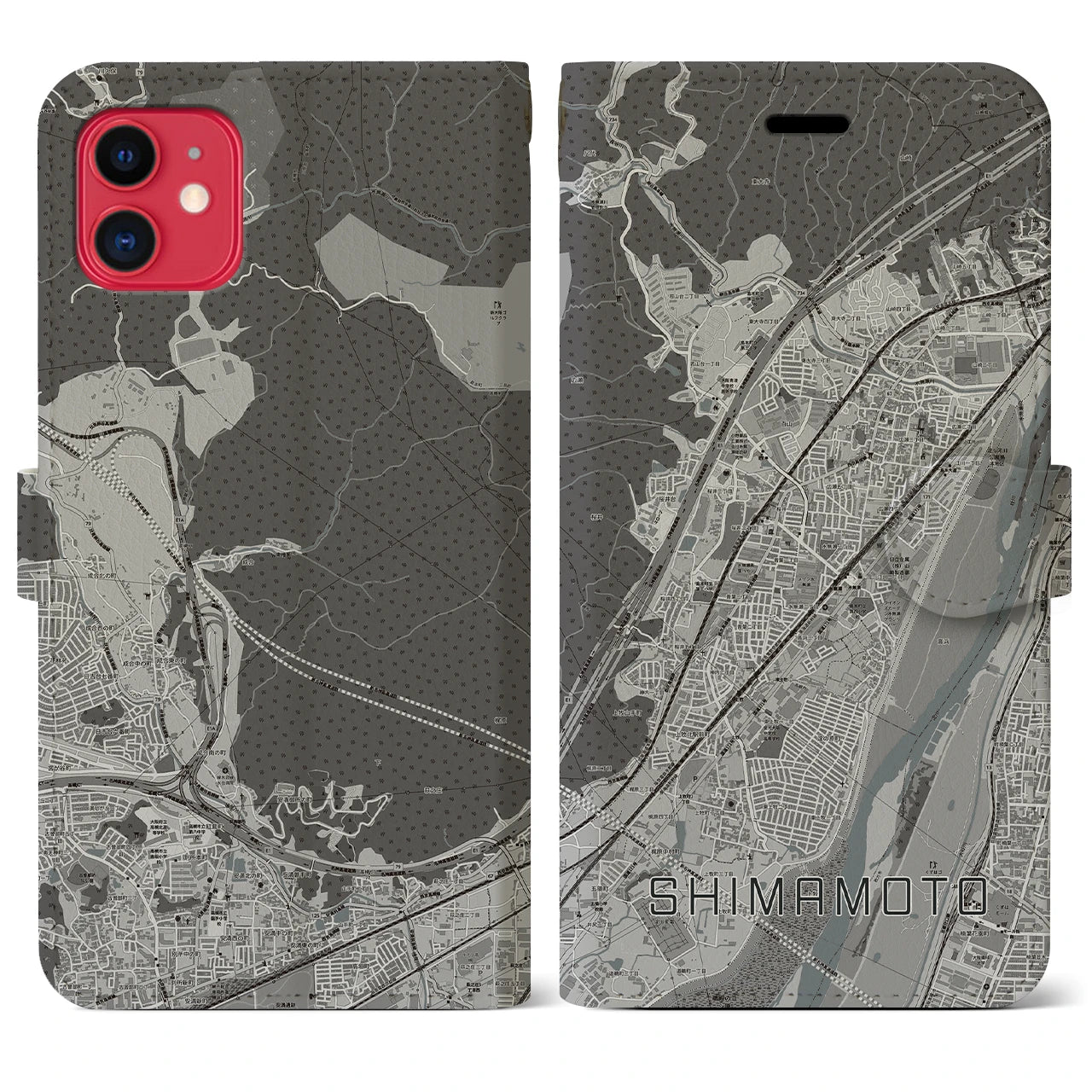 【島本(大阪府)】地図柄iPhoneケース(手帳タイプ)モノトーン・iPhone 11 用