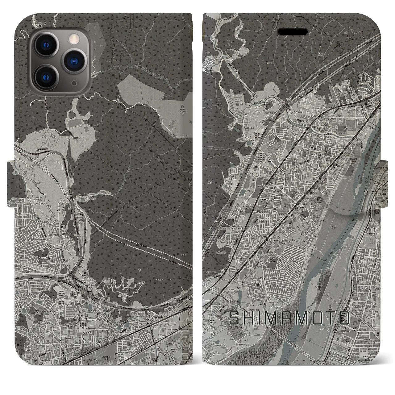 【島本(大阪府)】地図柄iPhoneケース(手帳タイプ)モノトーン・iPhone 11 Pro Max 用