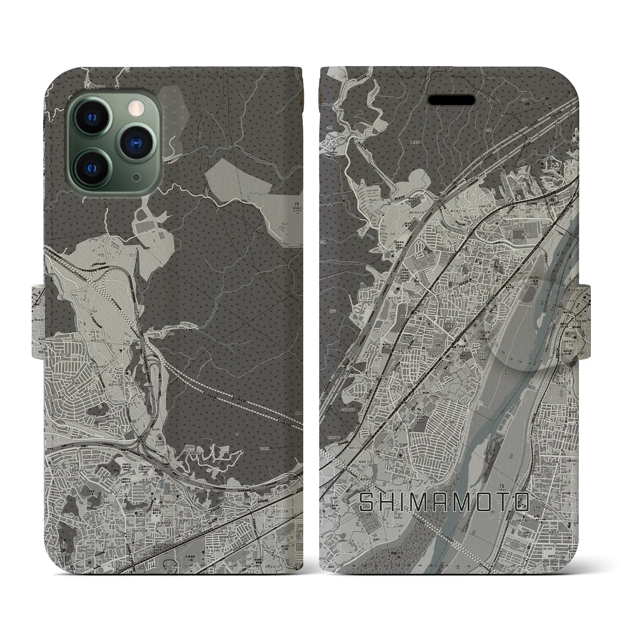 【島本(大阪府)】地図柄iPhoneケース(手帳タイプ)モノトーン・iPhone 11 Pro 用