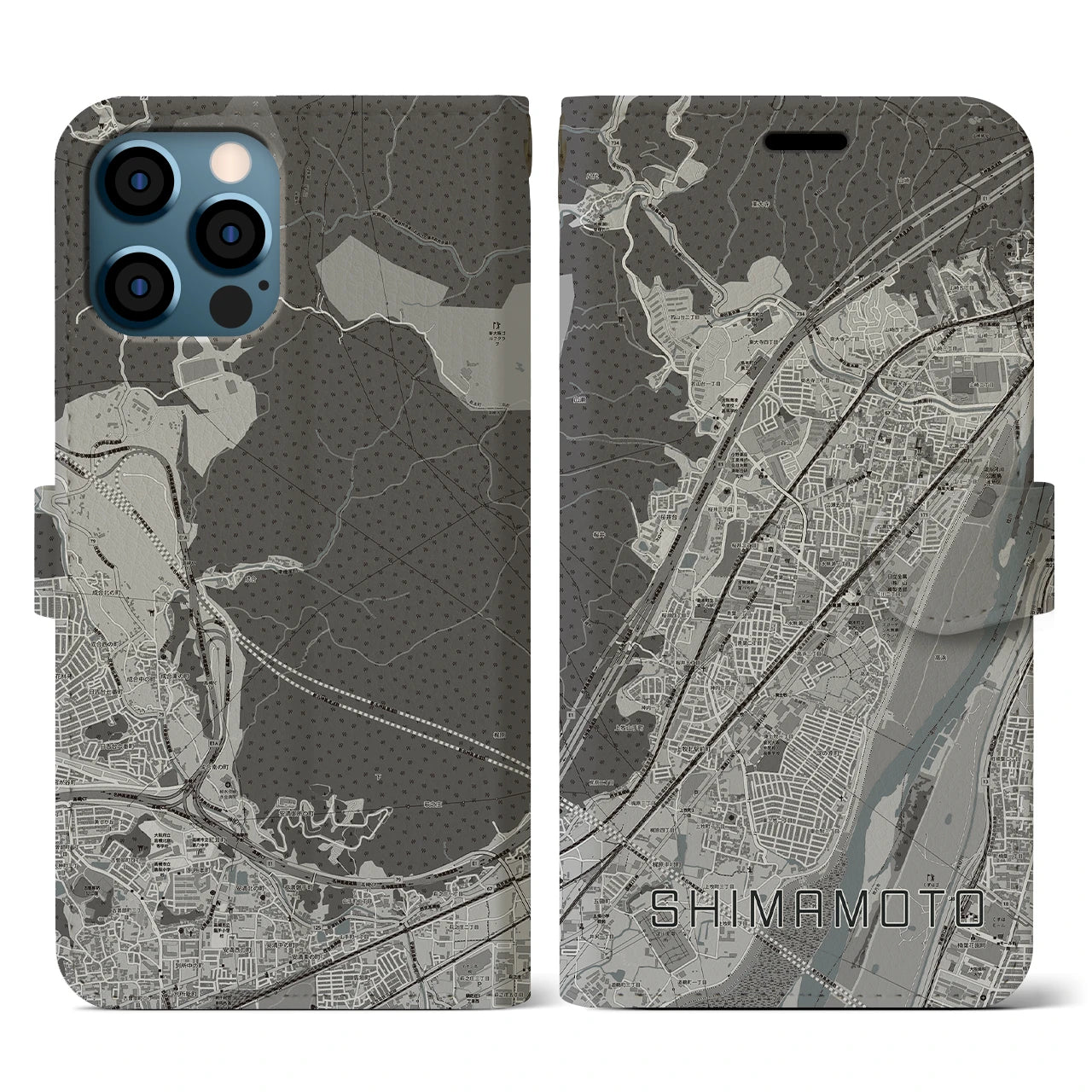 【島本(大阪府)】地図柄iPhoneケース(手帳タイプ)モノトーン・iPhone 12 / 12 Pro 用