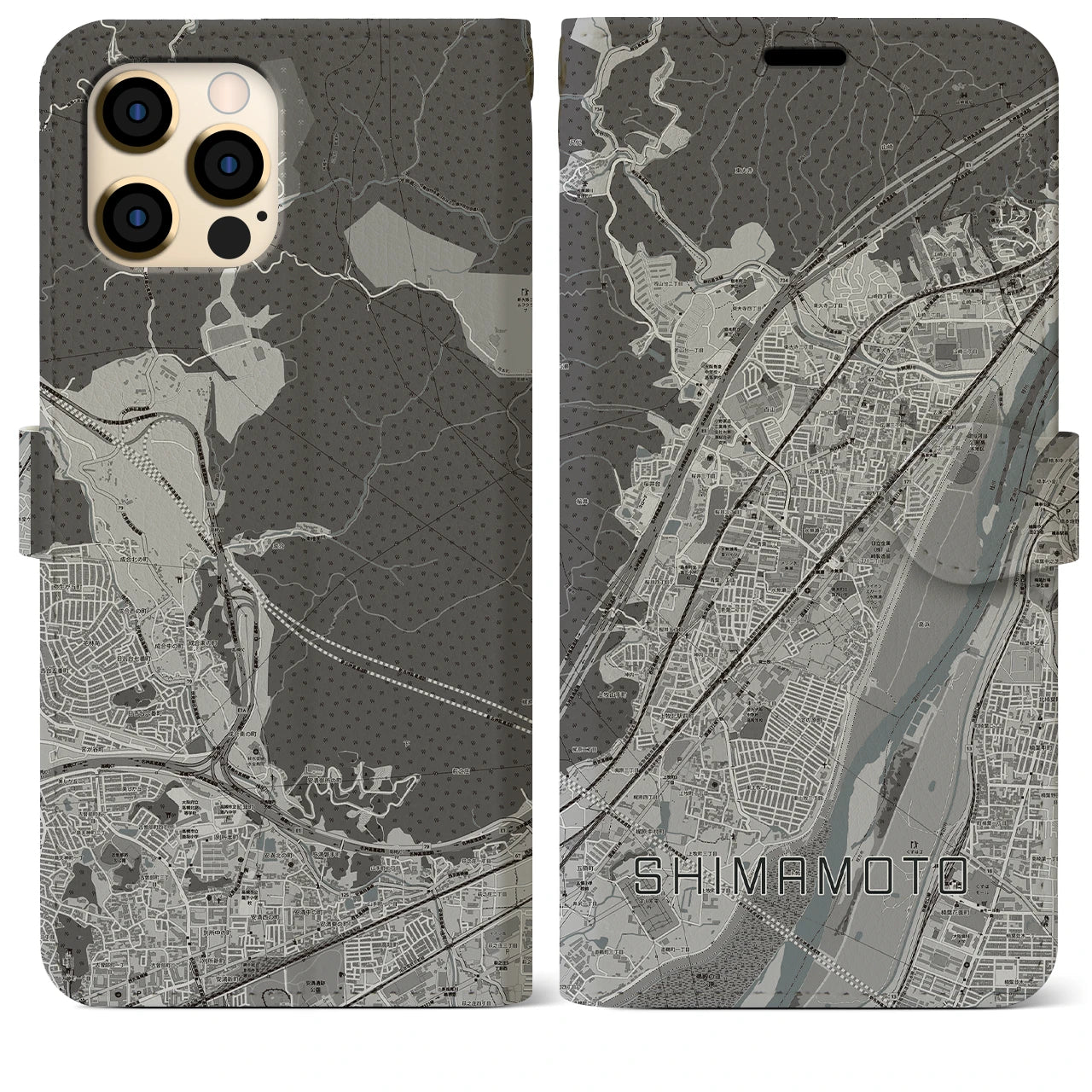 【島本(大阪府)】地図柄iPhoneケース(手帳タイプ)モノトーン・iPhone 12 Pro Max 用