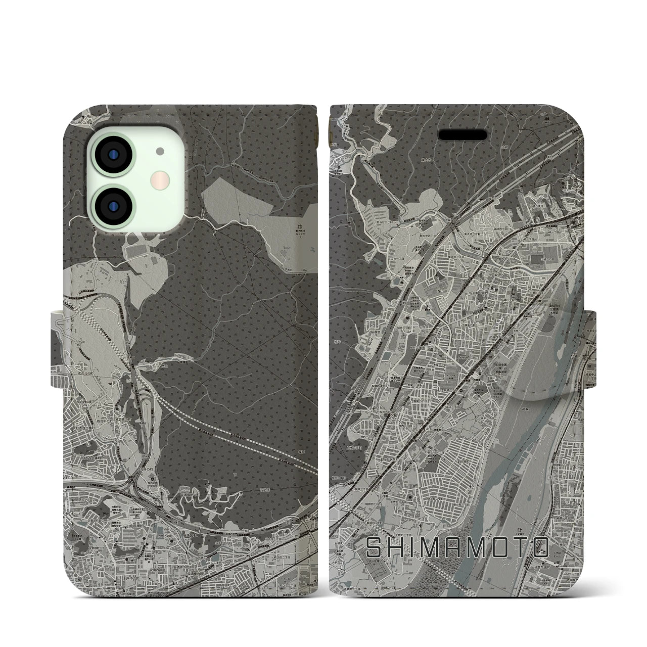 【島本(大阪府)】地図柄iPhoneケース(手帳タイプ)モノトーン・iPhone 12 mini 用
