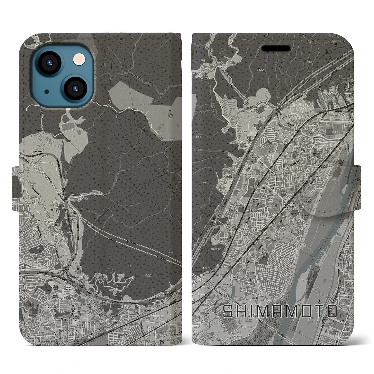 【島本(大阪府)】地図柄iPhoneケース(手帳タイプ)モノトーン・iPhone 13 用