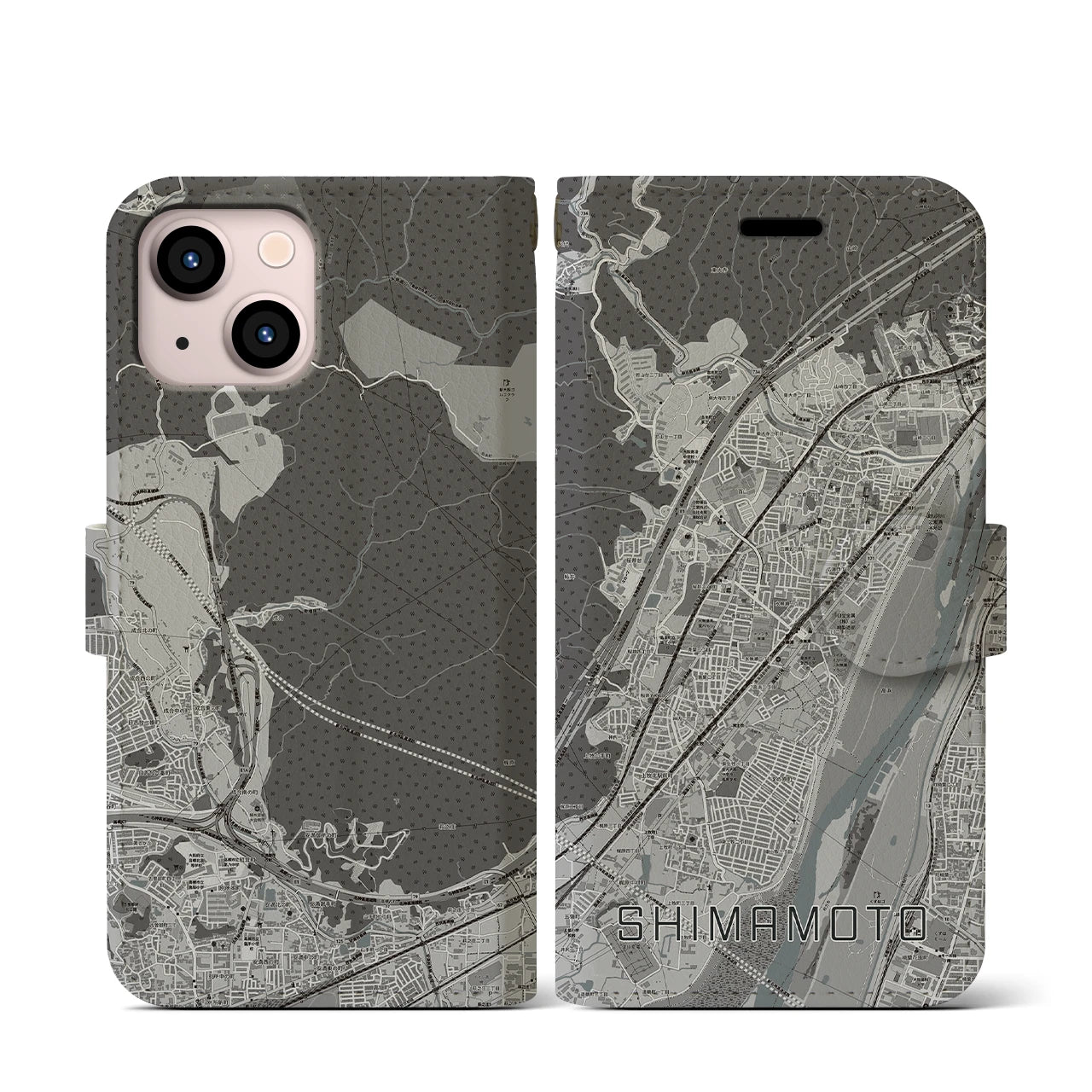 【島本(大阪府)】地図柄iPhoneケース(手帳タイプ)モノトーン・iPhone 13 mini 用