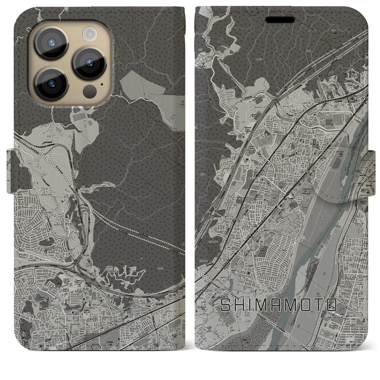 【島本(大阪府)】地図柄iPhoneケース(手帳タイプ)モノトーン・iPhone 14 Pro Max 用