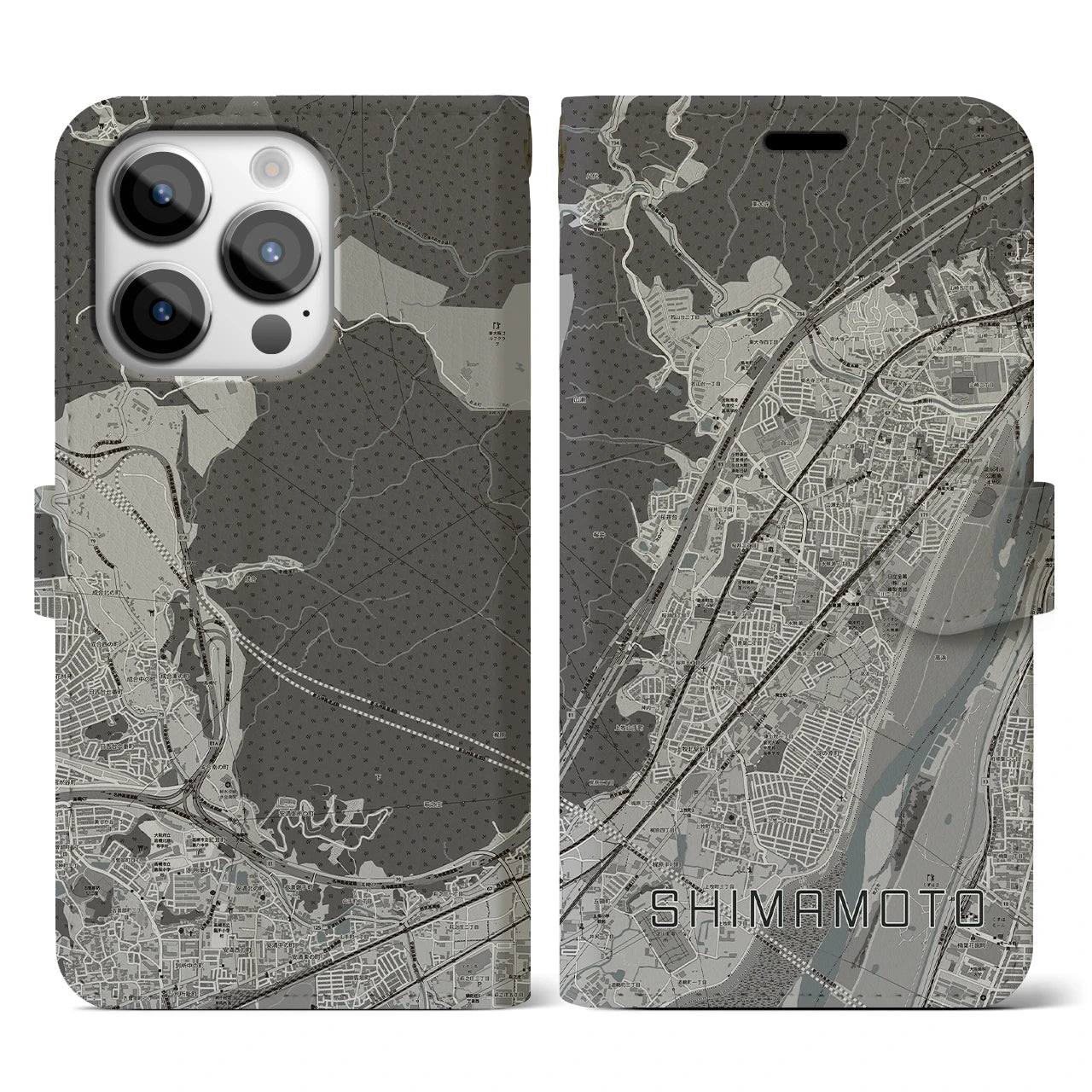 【島本(大阪府)】地図柄iPhoneケース(手帳タイプ)モノトーン・iPhone 14 Pro 用