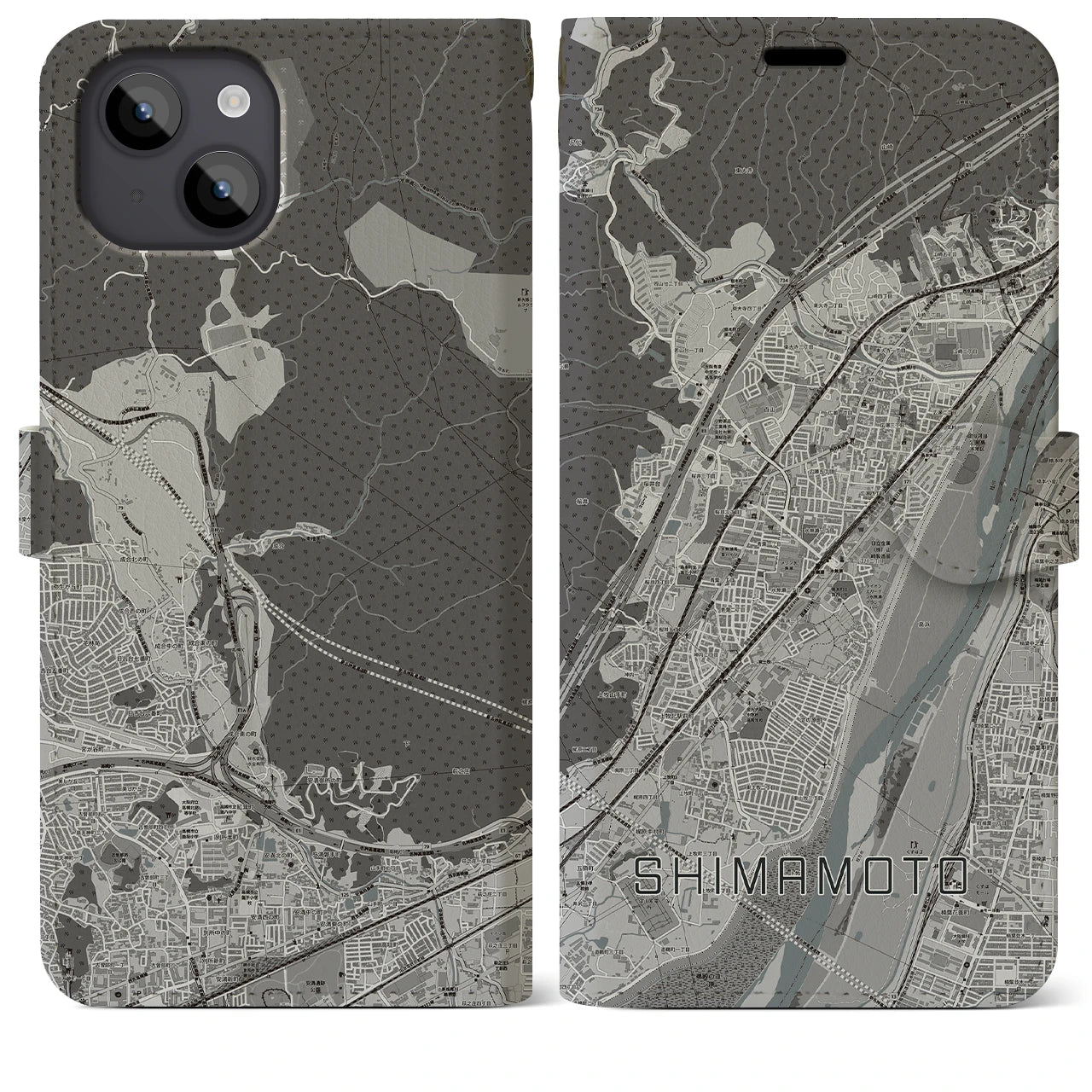 【島本(大阪府)】地図柄iPhoneケース(手帳タイプ)モノトーン・iPhone 14 Plus 用