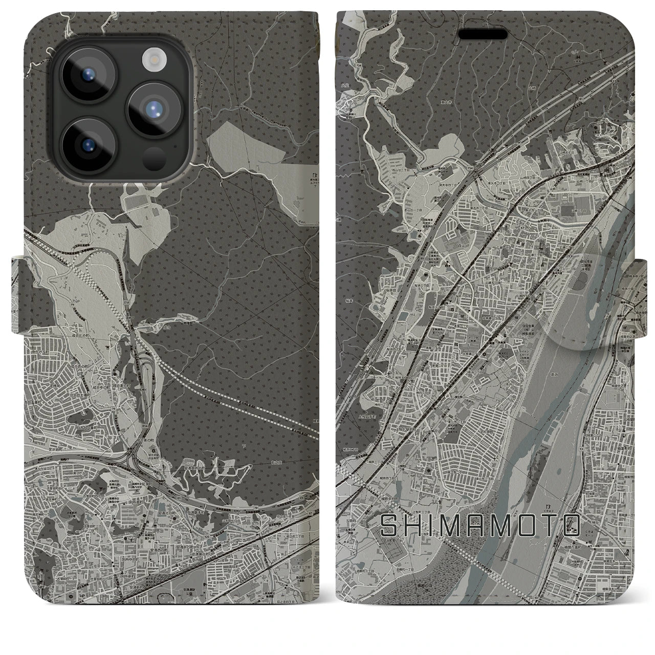 【島本(大阪府)】地図柄iPhoneケース(手帳タイプ)モノトーン・iPhone 15 Pro Max 用