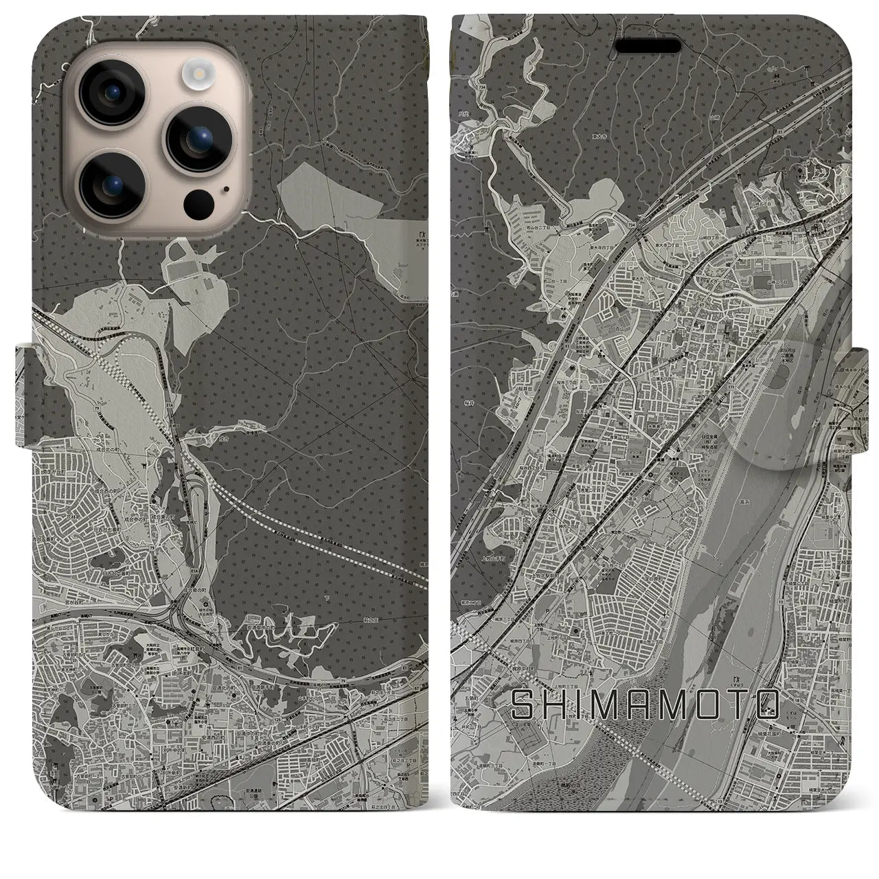 【島本(大阪府)】地図柄iPhoneケース(手帳タイプ)モノトーン・iPhone 16 Plus 用