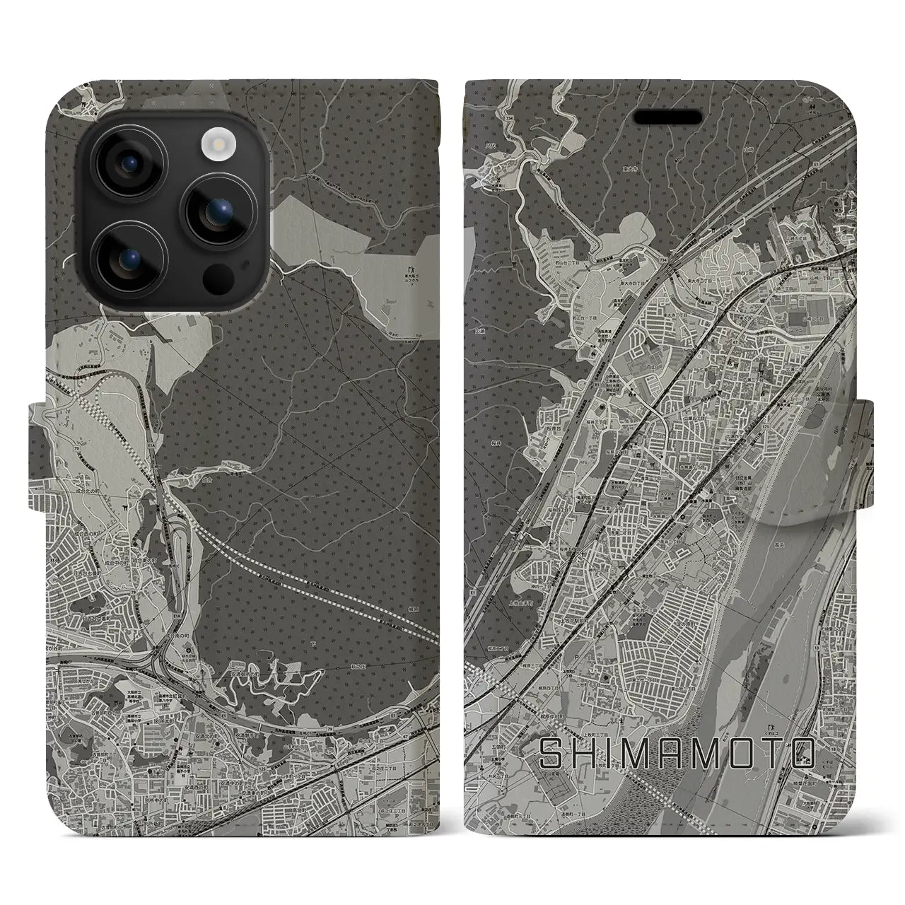 【島本(大阪府)】地図柄iPhoneケース(手帳タイプ)モノトーン・iPhone 16 用