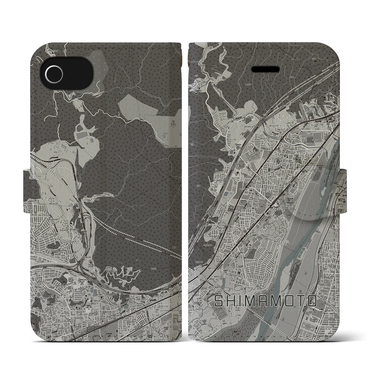 【島本(大阪府)】地図柄iPhoneケース(手帳タイプ)モノトーン・iPhone SE(第3 / 第2世代) / 8 / 7 / 6s / 6 用