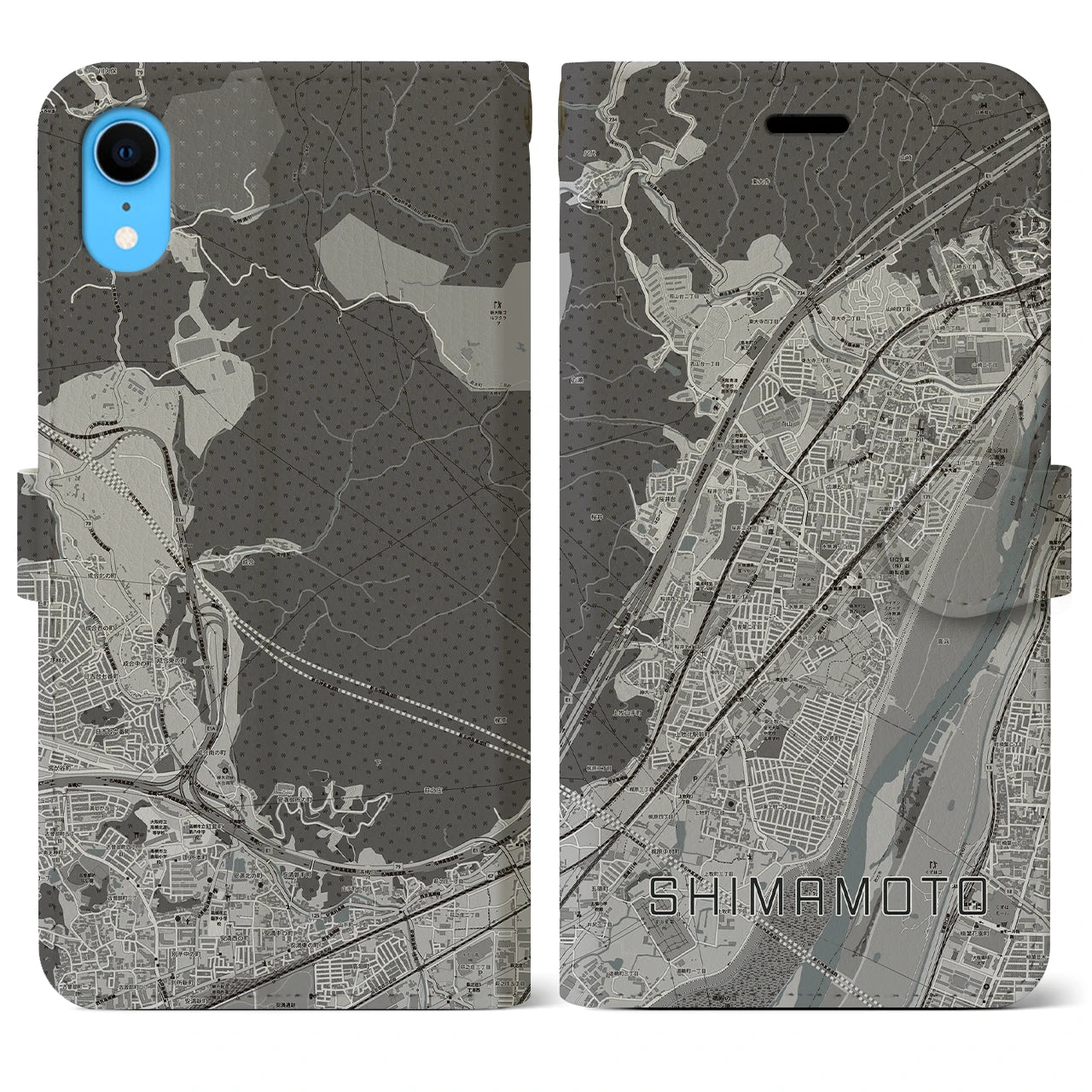 【島本(大阪府)】地図柄iPhoneケース(手帳タイプ)モノトーン・iPhone XR 用