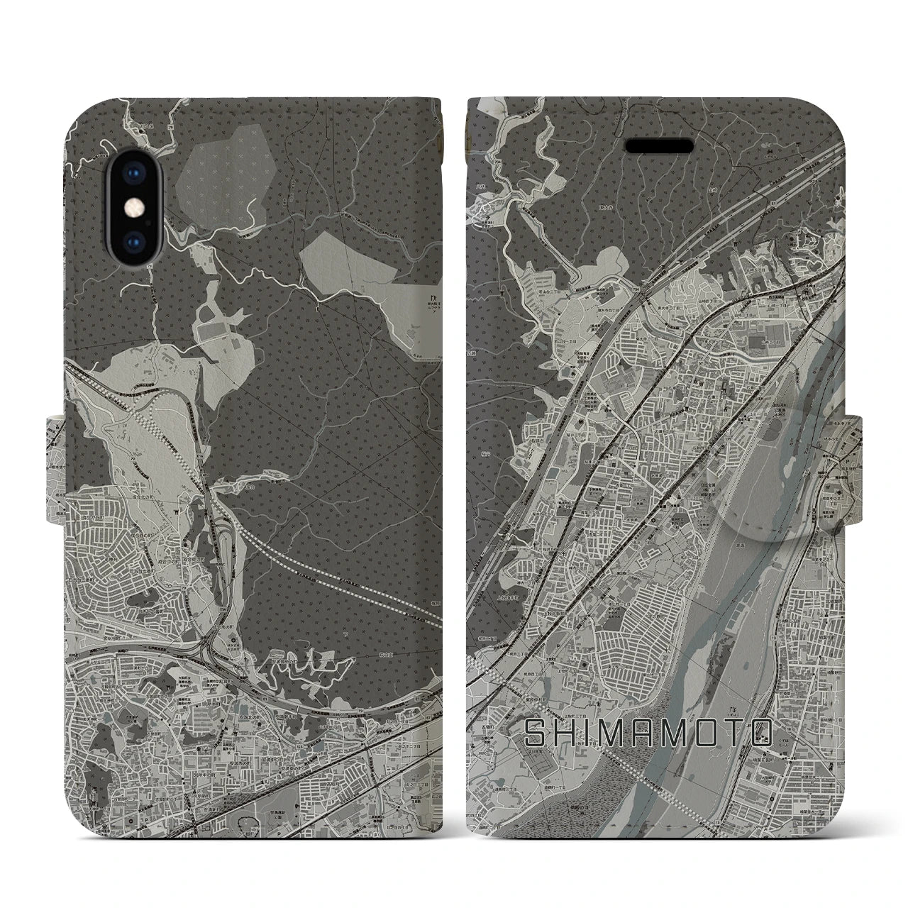【島本(大阪府)】地図柄iPhoneケース(手帳タイプ)モノトーン・iPhone XS / X 用