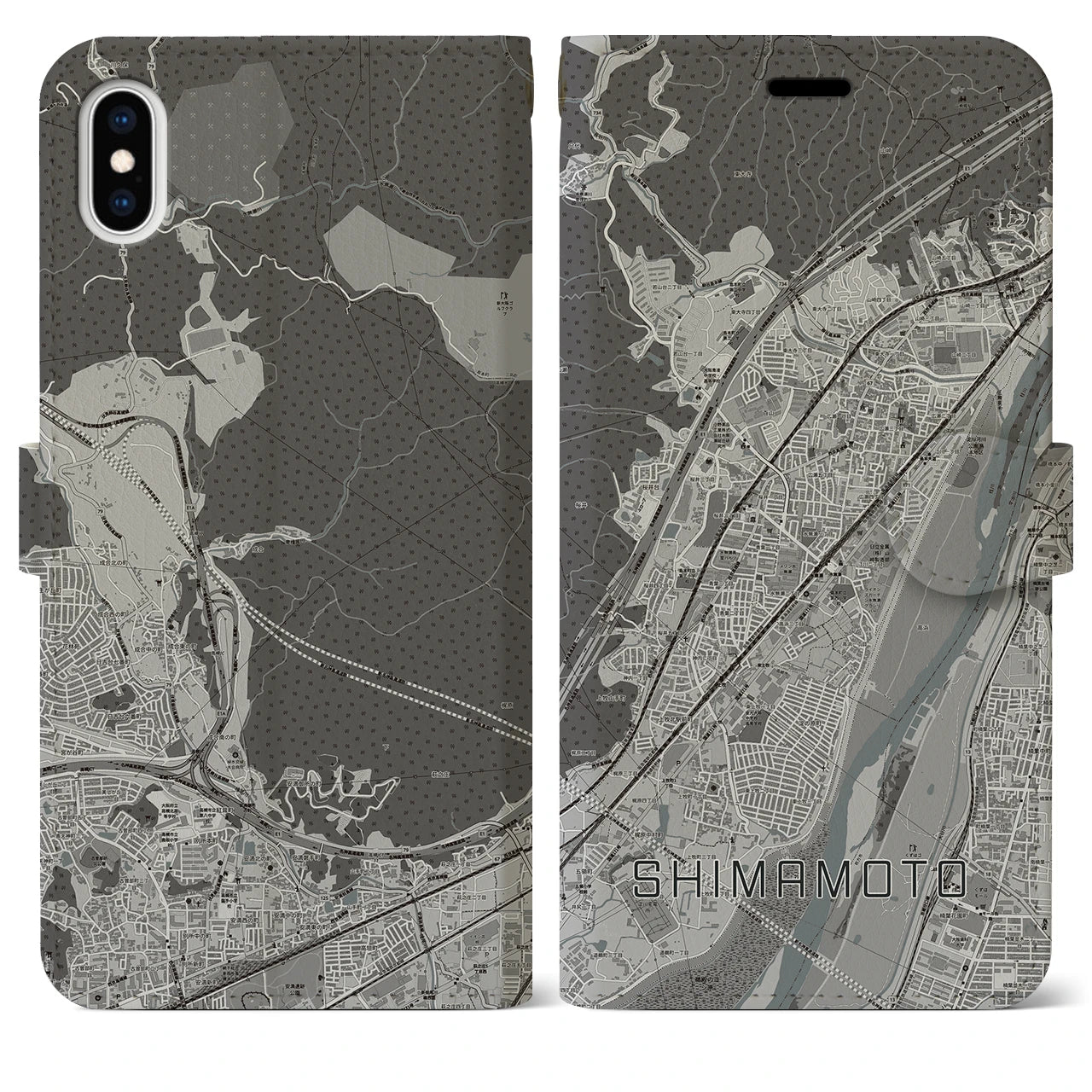 【島本(大阪府)】地図柄iPhoneケース(手帳タイプ)モノトーン・iPhone XS Max 用