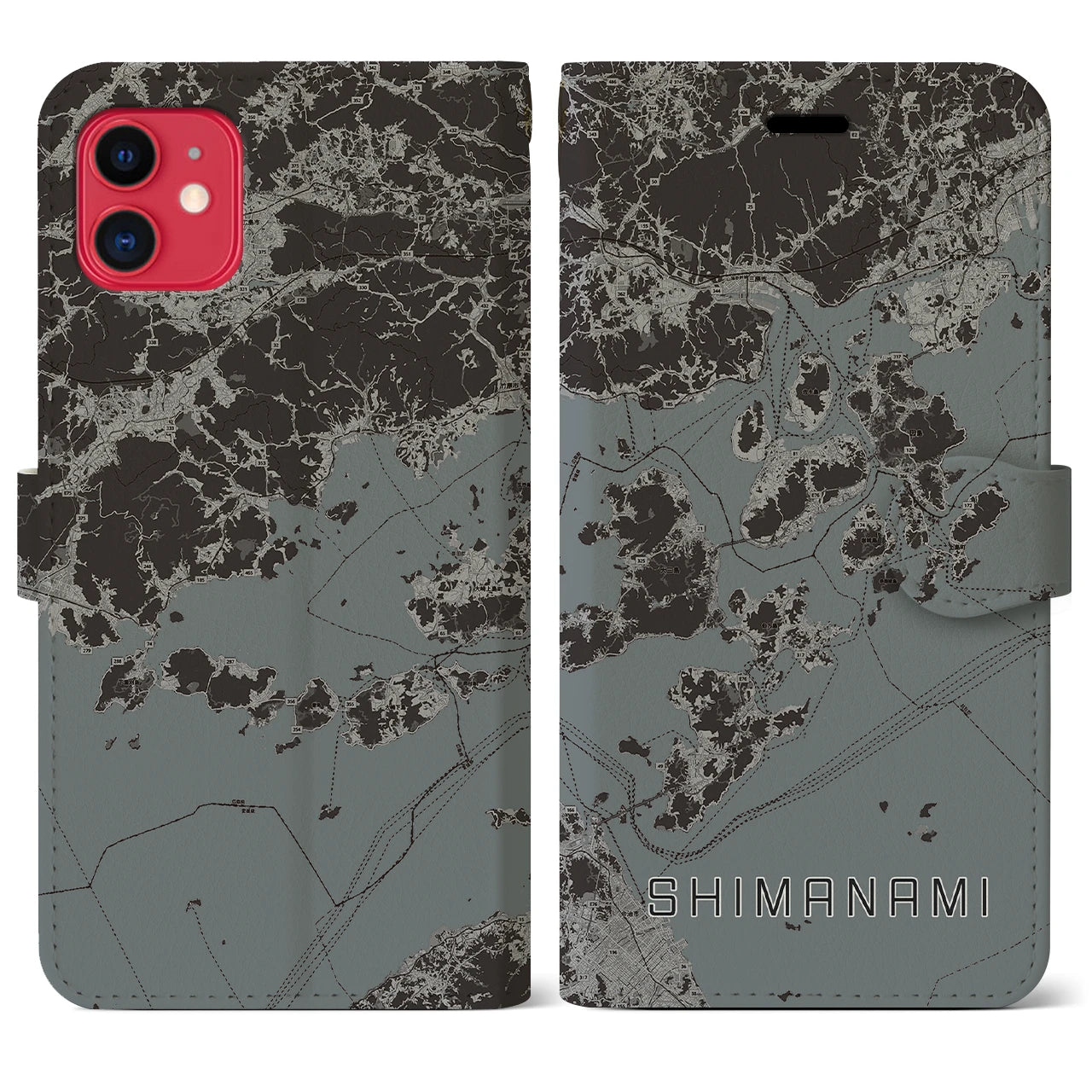 【しまなみ2(広島県)】地図柄iPhoneケース(手帳タイプ)モノトーン・iPhone 11 用