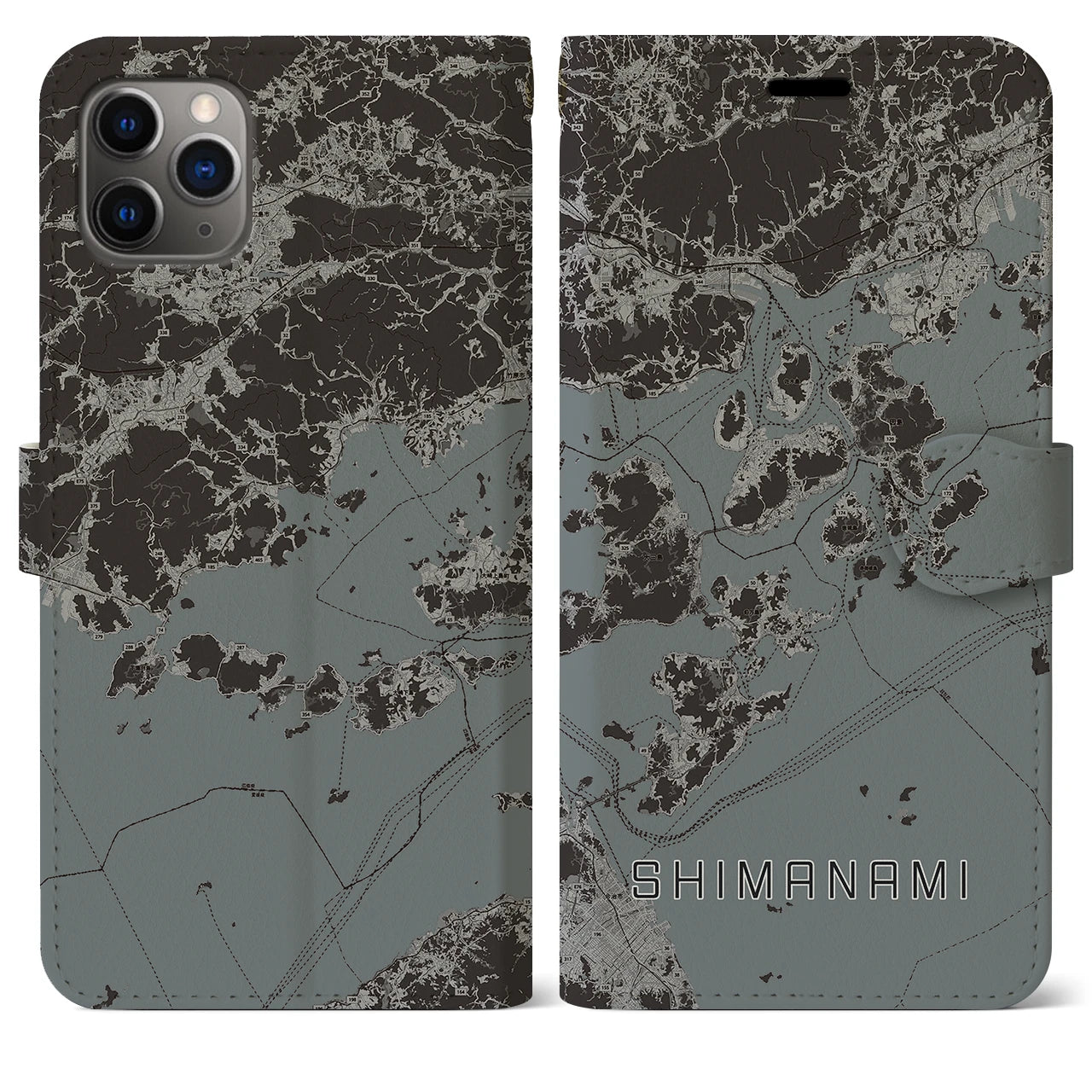 【しまなみ2(広島県)】地図柄iPhoneケース(手帳タイプ)モノトーン・iPhone 11 Pro Max 用