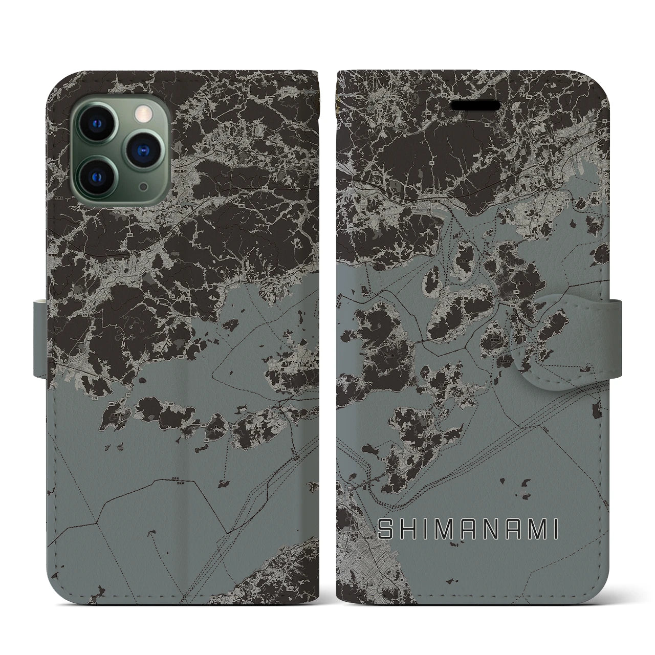 【しまなみ2(広島県)】地図柄iPhoneケース(手帳タイプ)モノトーン・iPhone 11 Pro 用