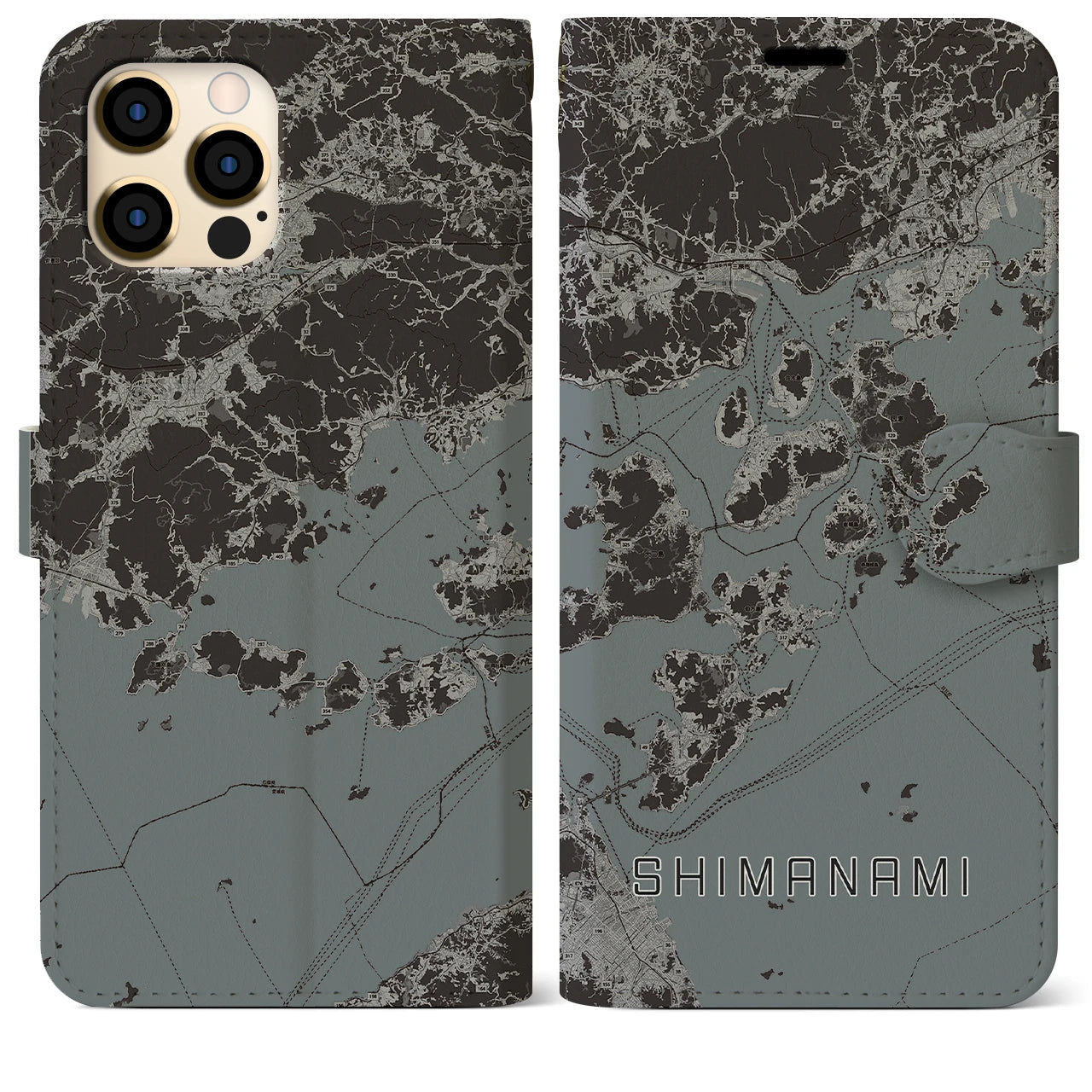 【しまなみ2(広島県)】地図柄iPhoneケース(手帳タイプ)モノトーン・iPhone 12 Pro Max 用