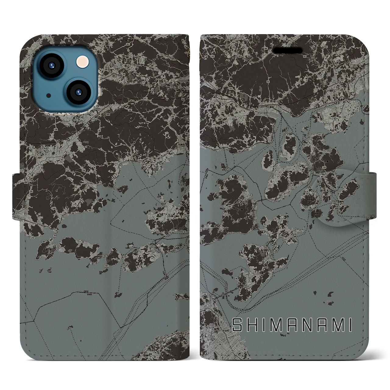 【しまなみ2(広島県)】地図柄iPhoneケース(手帳タイプ)モノトーン・iPhone 13 用