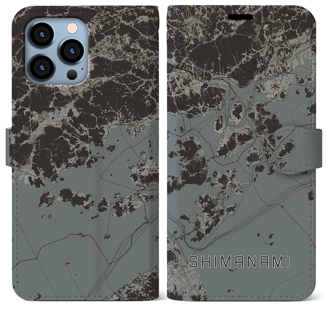 【しまなみ2(広島県)】地図柄iPhoneケース(手帳タイプ)モノトーン・iPhone 13 Pro Max 用
