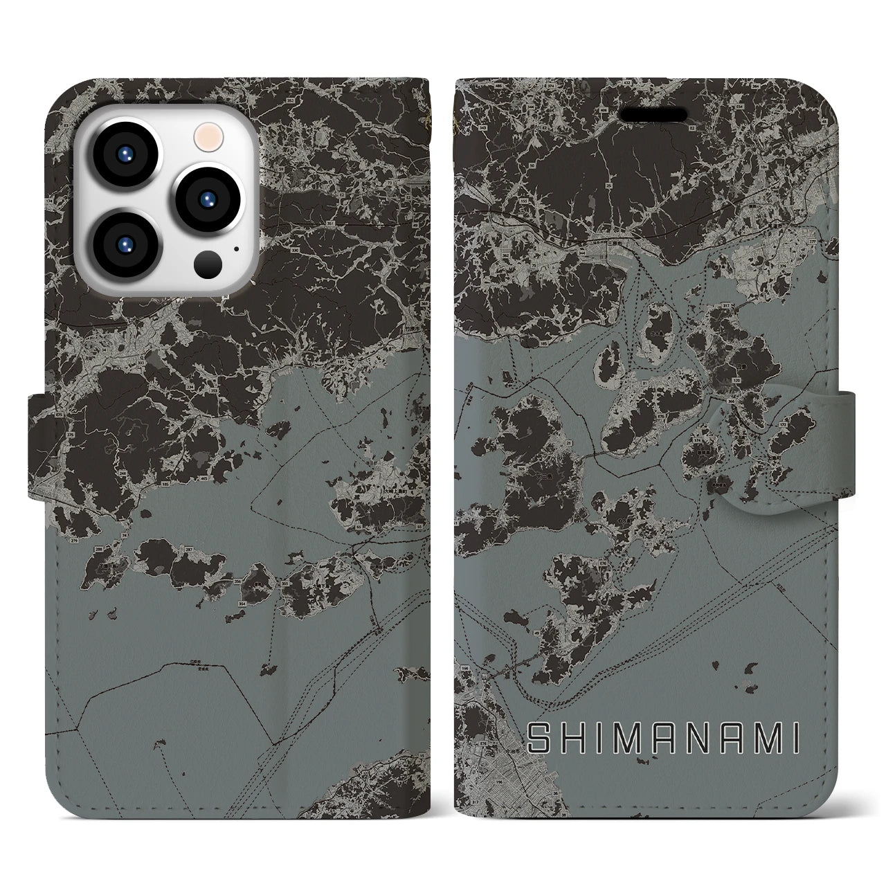 【しまなみ2(広島県)】地図柄iPhoneケース(手帳タイプ)モノトーン・iPhone 13 Pro 用