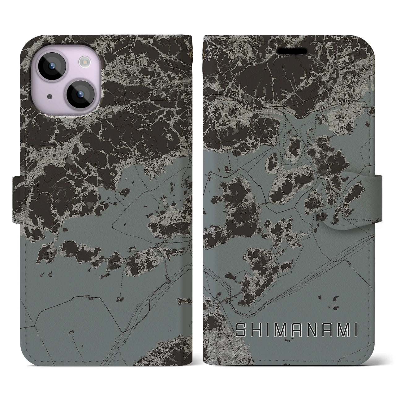 【しまなみ2(広島県)】地図柄iPhoneケース(手帳タイプ)モノトーン・iPhone 14 用