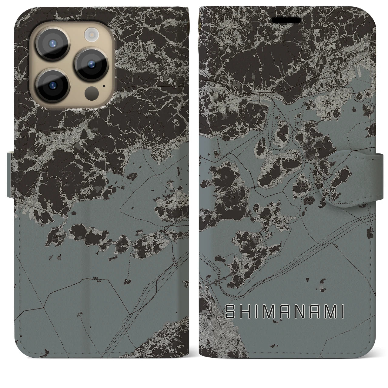 【しまなみ2(広島県)】地図柄iPhoneケース(手帳タイプ)モノトーン・iPhone 14 Pro Max 用