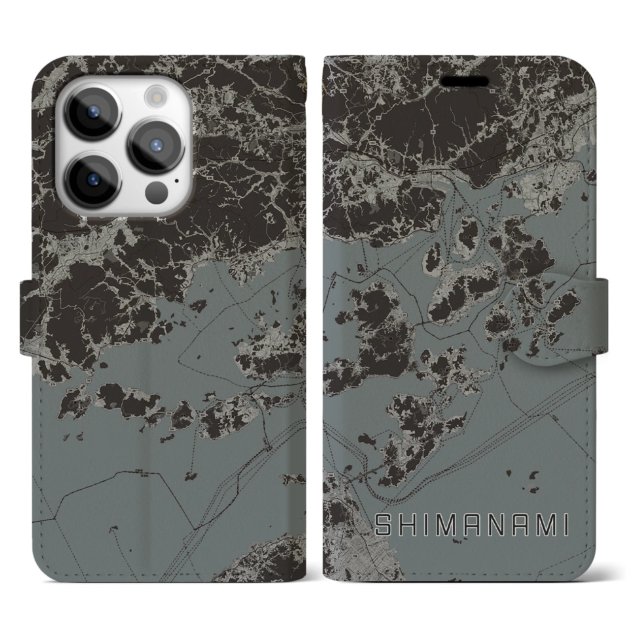 【しまなみ2(広島県)】地図柄iPhoneケース(手帳タイプ)モノトーン・iPhone 14 Pro 用