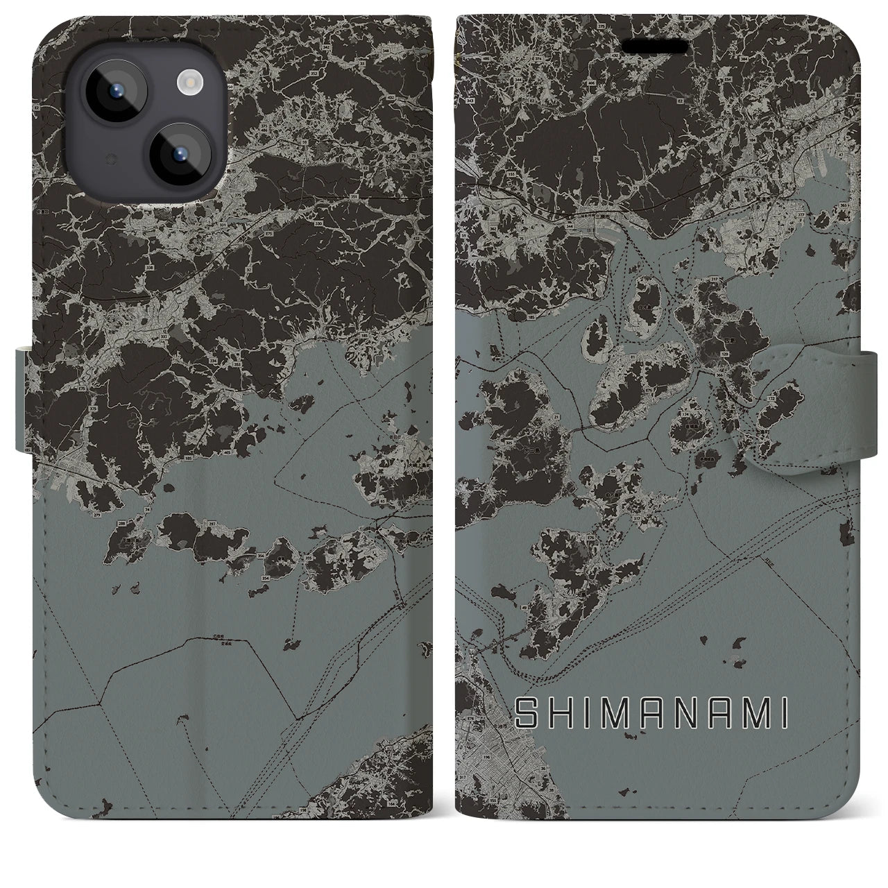 【しまなみ2(広島県)】地図柄iPhoneケース(手帳タイプ)モノトーン・iPhone 14 Plus 用