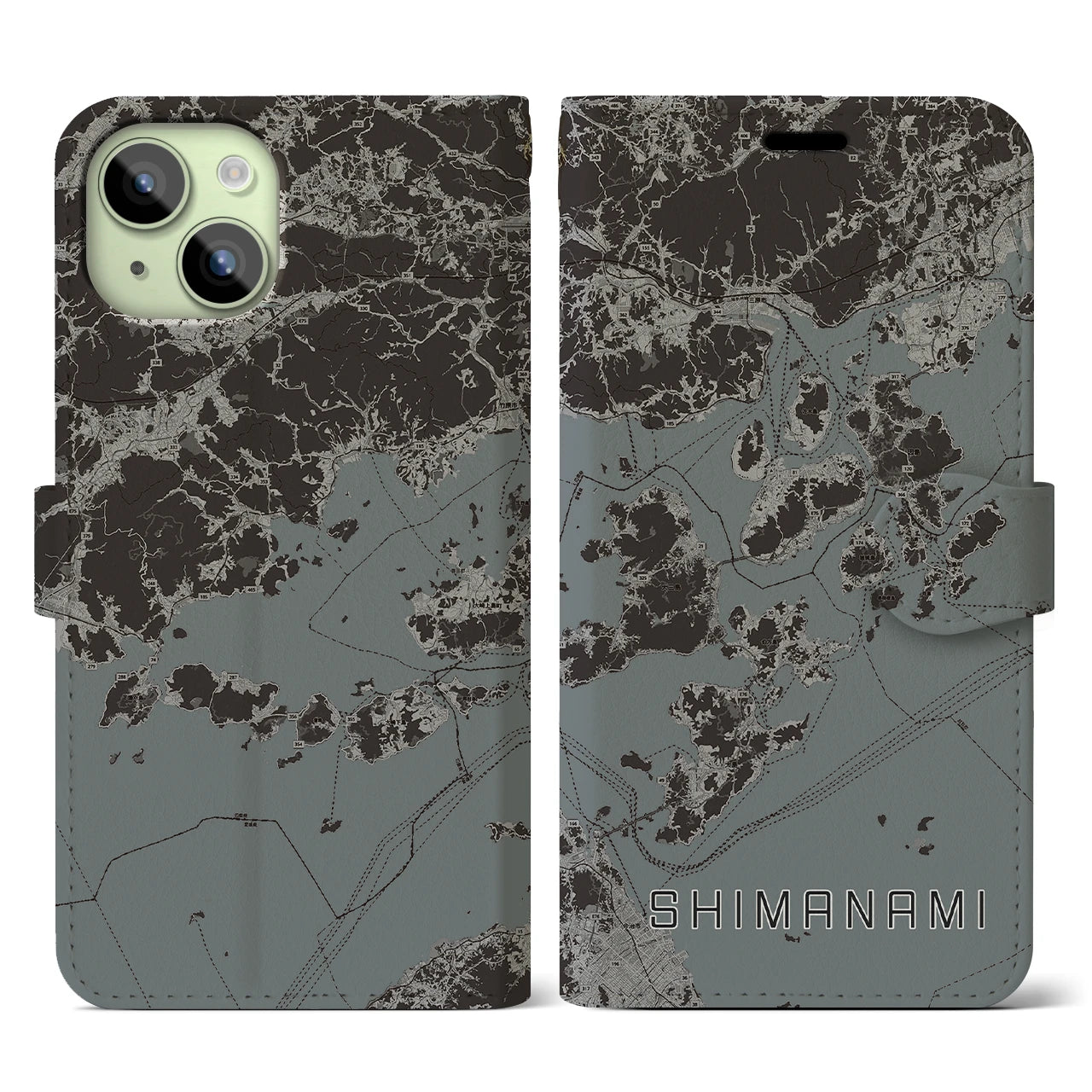 【しまなみ2(広島県)】地図柄iPhoneケース(手帳タイプ)モノトーン・iPhone 15 用
