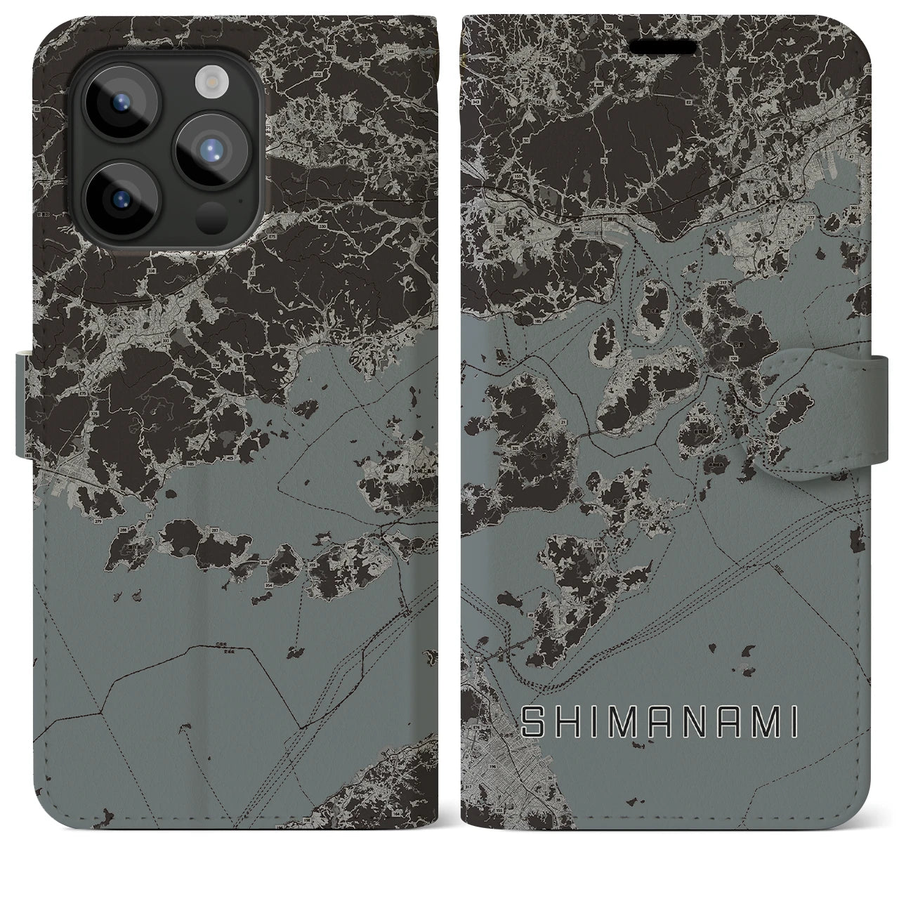 【しまなみ2(広島県)】地図柄iPhoneケース(手帳タイプ)モノトーン・iPhone 15 Pro Max 用
