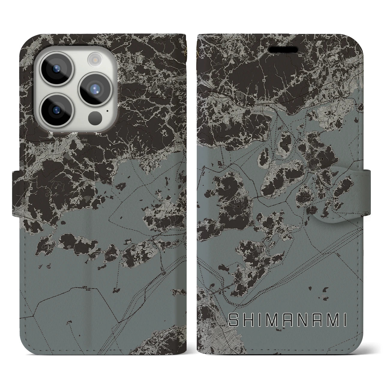 【しまなみ2(広島県)】地図柄iPhoneケース(手帳タイプ)モノトーン・iPhone 15 Pro 用