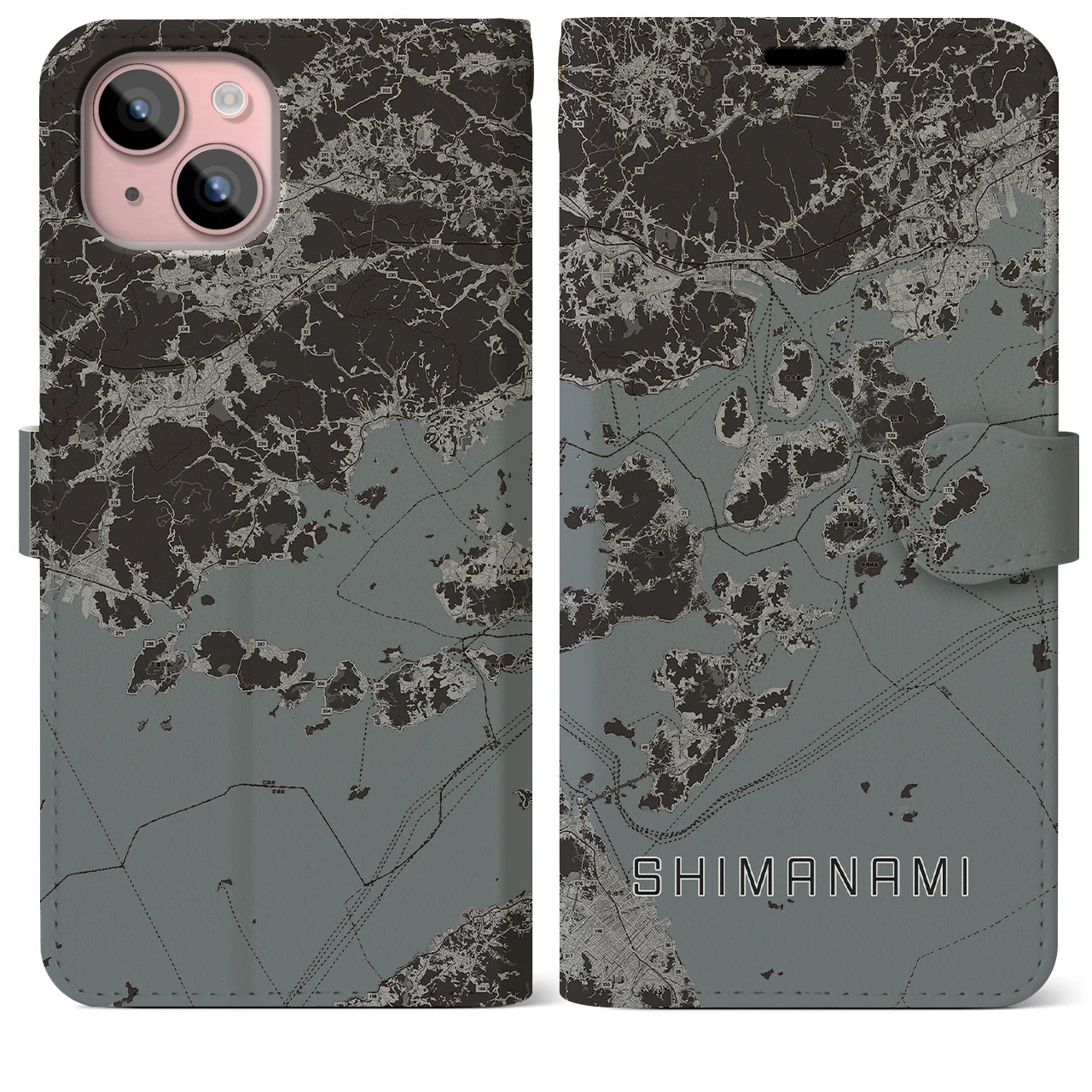【しまなみ2(広島県)】地図柄iPhoneケース(手帳タイプ)モノトーン・iPhone 15 Plus 用
