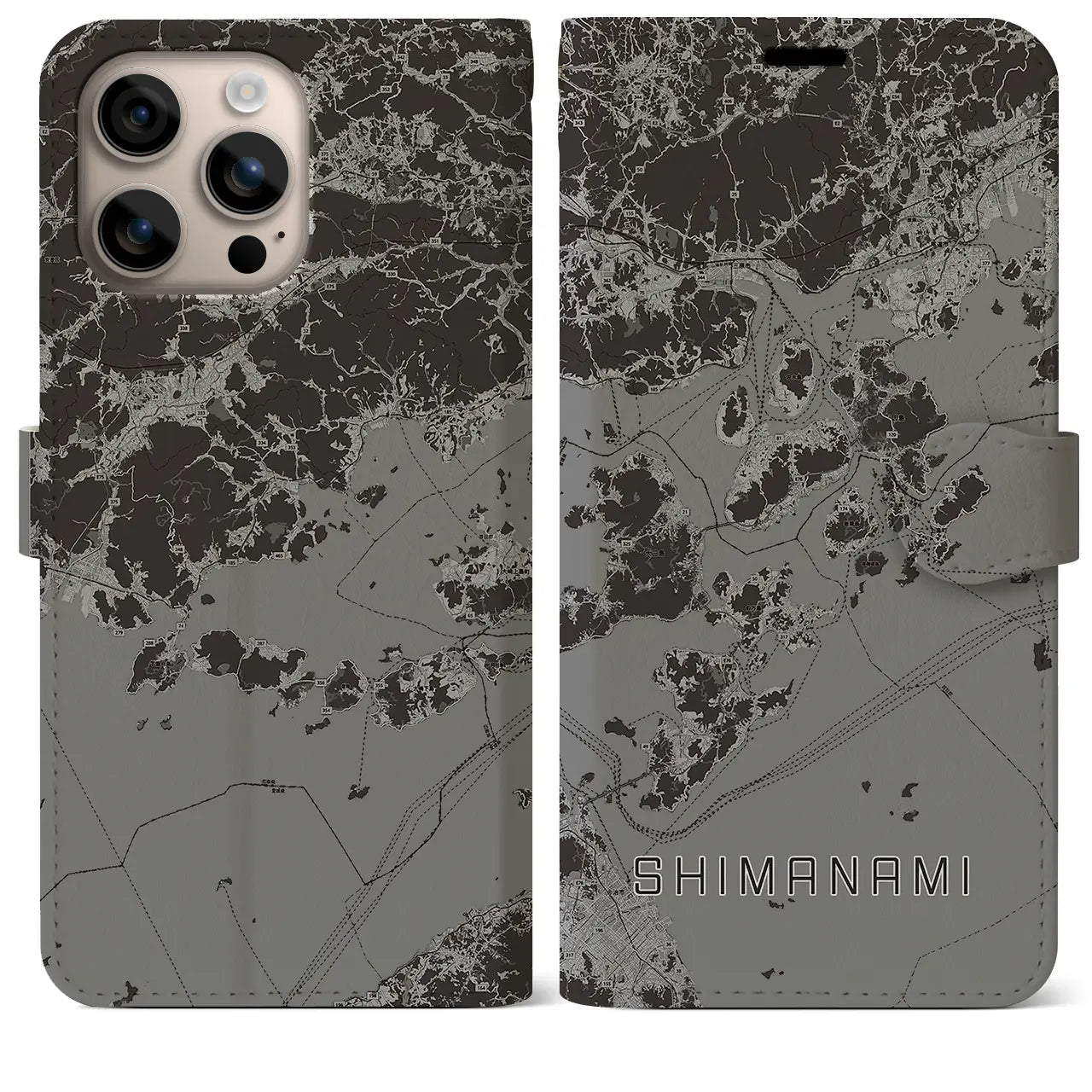 【しまなみ2(広島県)】地図柄iPhoneケース(手帳タイプ)モノトーン・iPhone 16 Plus 用