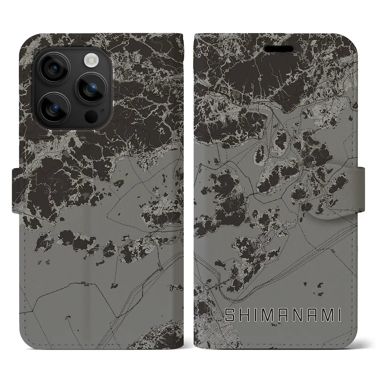 【しまなみ2(広島県)】地図柄iPhoneケース(手帳タイプ)モノトーン・iPhone 16 用