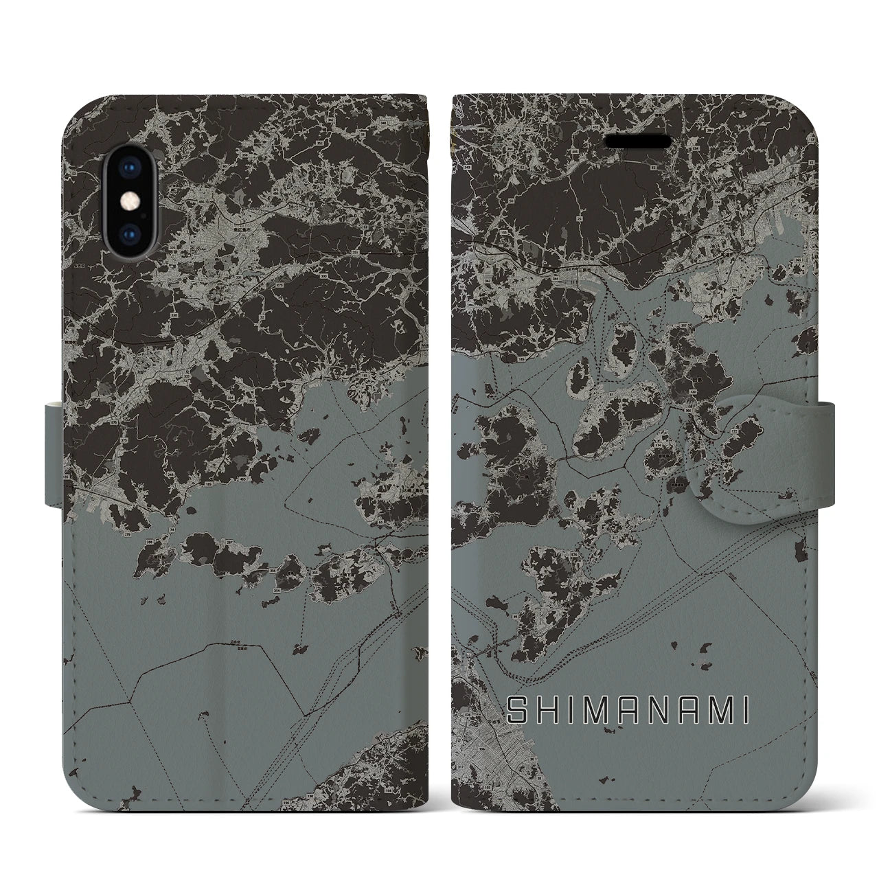 【しまなみ2(広島県)】地図柄iPhoneケース(手帳タイプ)モノトーン・iPhone XS / X 用