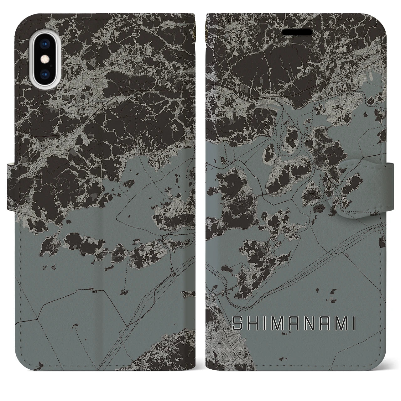【しまなみ2(広島県)】地図柄iPhoneケース(手帳タイプ)モノトーン・iPhone XS Max 用