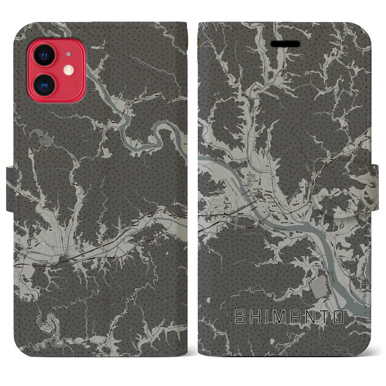 【四万十(高知県)】地図柄iPhoneケース(手帳タイプ)モノトーン・iPhone 11 用
